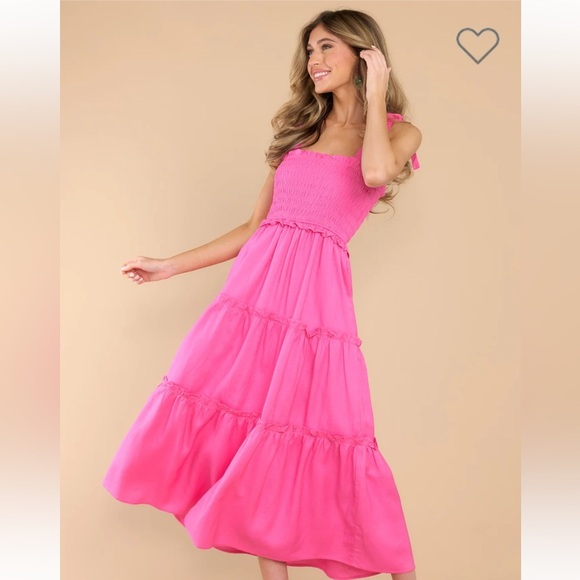 NEW Pink Smocked Midi Dress - Picture 3 of 7